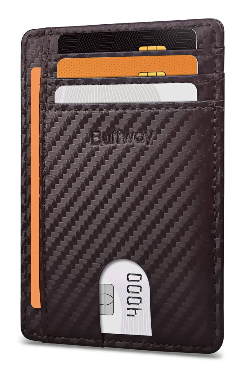 Buffway Slim Minimalist Front Pocket RFID Blocking Leather Wallets for Men and Women - Carbon Fiber Coffee - Image 1